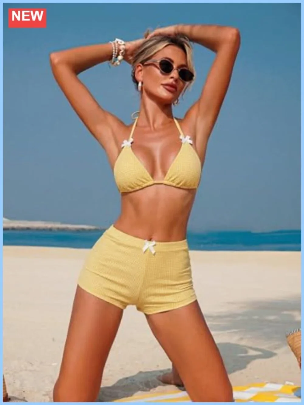 Women's Gingham Bikini Set with Shorts Adjustable Halter Triangle Swimsuit